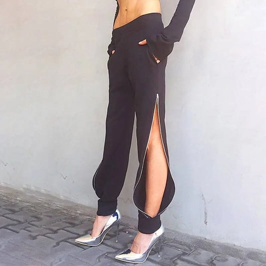 Women Sexy High Zipper Split Mid Waist Wide Leg Pants Autumn Elastic Woman Trousers Casual Black  Long Loose Harem Pencil Pants