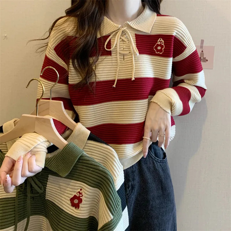 Red + Green Striped Collar Knit Sweater